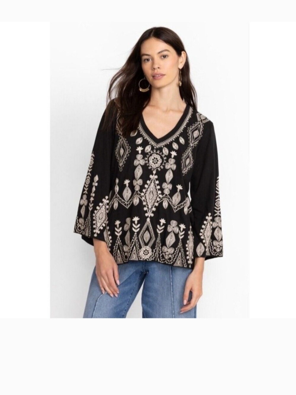 Johnny Was Liona Black Embroidered V-Neck Top